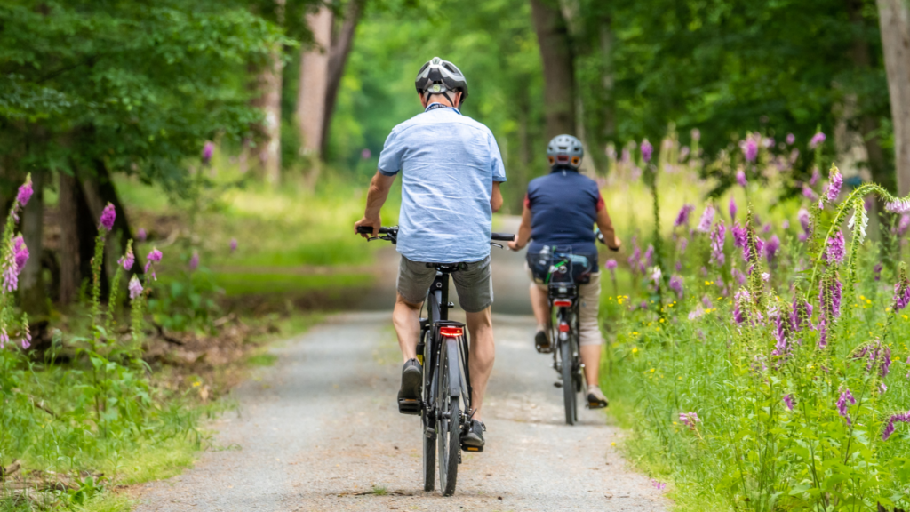 two people riding bicycles down a path in the woods