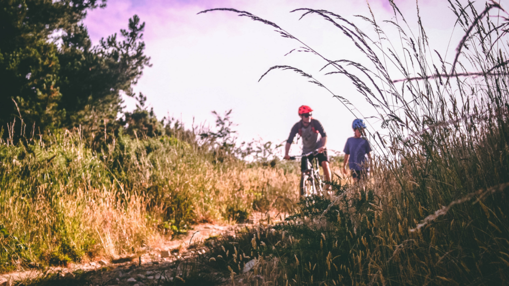 two people riding bicycles down a path in the woods